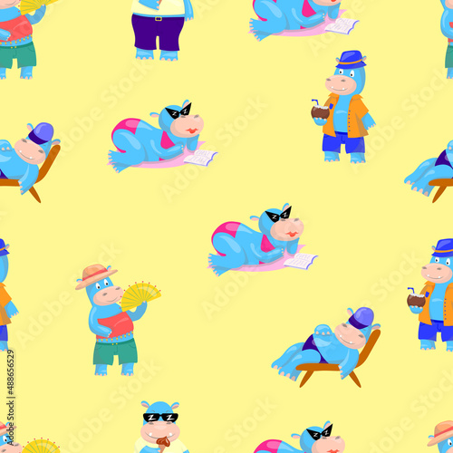 vector illustration of hippos on a yellow background in summer seamless pattern