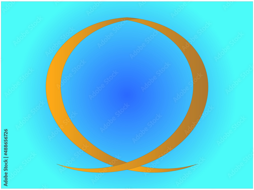Grafika wektorowa przedstawiająca żółty obiekt umieszczony na niebieskim tle, powstały w wyniku przekształceń koła. Jest on wizualizacją greckiej litery omega. - obrazy, fototapety, plakaty 
