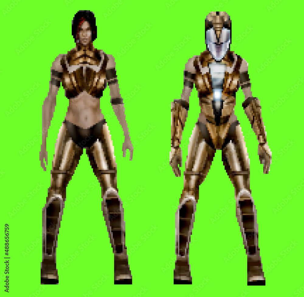 Pixel artwork illustration of sci-fi futuristic female warrior character in cyber armor suit on green screen background. Pixel artwork illustration of sci-fi futuristic female warrior character in cyber armor suit on green screen background.