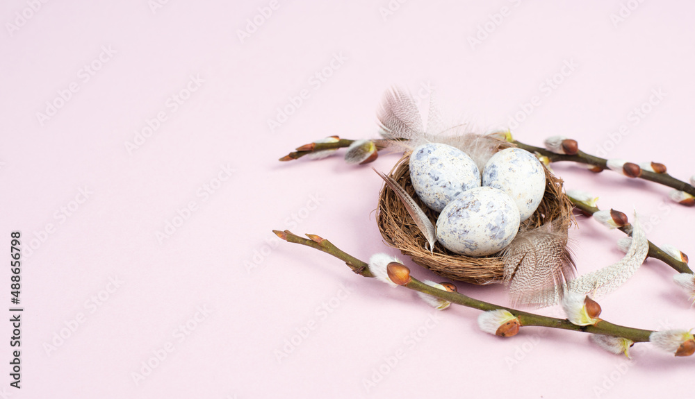 Easter holiday background, nest with small eggs, branches of pussy willow, greeting card, spring season, pink color, copy space for text Easter holiday background, nest with small eggs, branches of pussy willow, greeting card, spring season, pink color, copy space for text