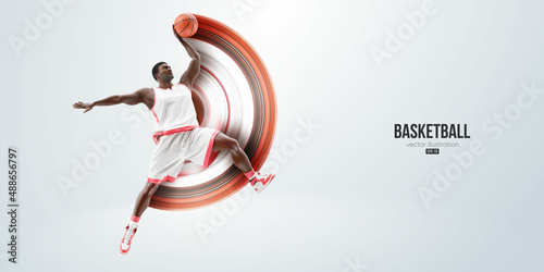 Realistic silhouette of a basketball player man in action isolated white background. Vector illustration