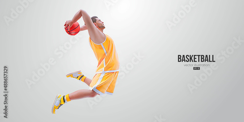 Realistic silhouette of a basketball player man in action isolated white background. Vector illustration