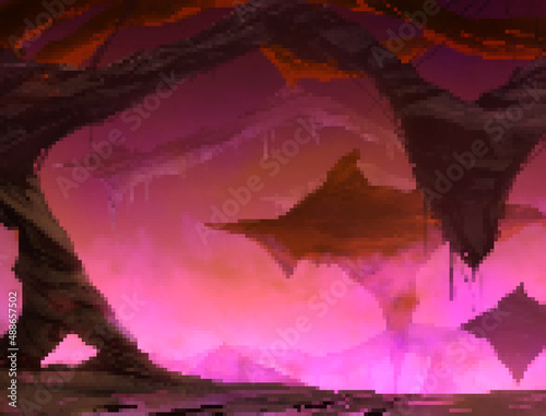Pixel artwork illustration of fantasy hell underworld or cave level design. 16 bit game concept.