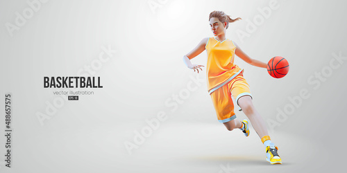 Realistic silhouette of a basketball player woman in action isolated white background. Vector illustration