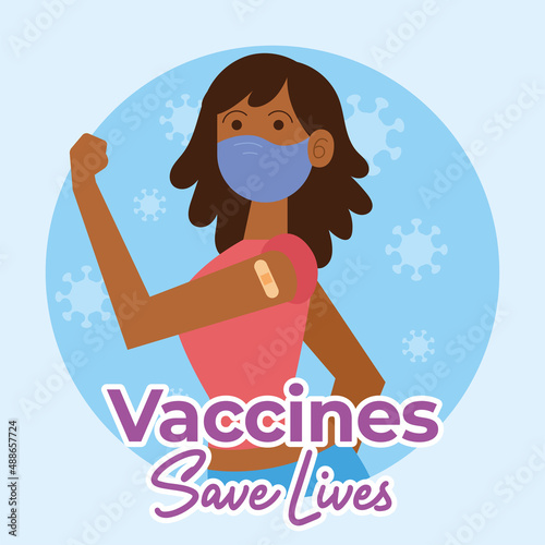 Vaccines save lives poster woman with applied vaccine Vector