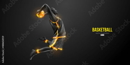 Abstract silhouette of a basketball player man in action isolated black background. Vector illustration