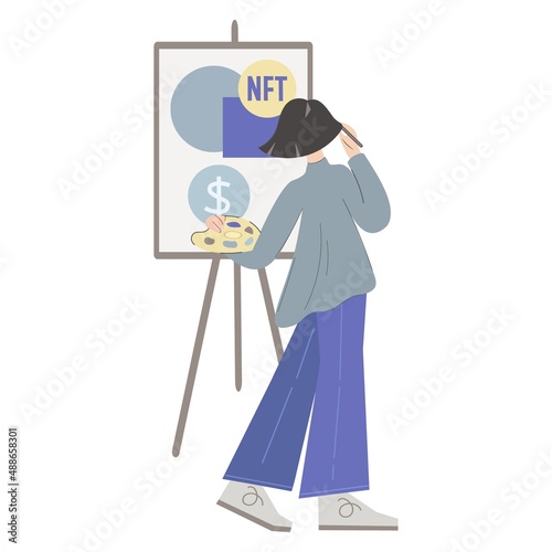 A teenage girl draws a picture of a non-fungible cryptocurrency on an easel. The young artist uses fashionable color shades. Modern creative flat style vector illustration.