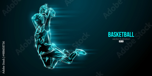 Abstract silhouette of a basketball player woman in action isolated blue background. Vector illustration photo