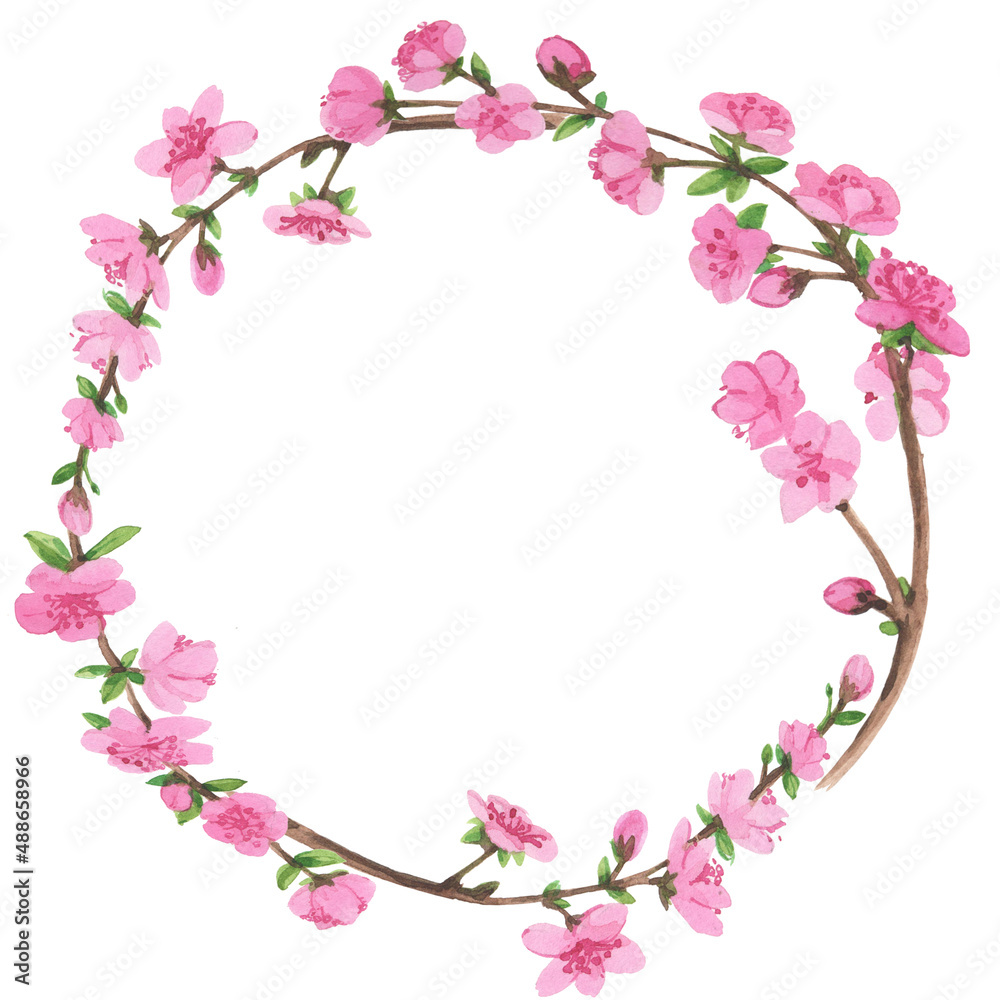 Watercolor floral round wreath with sakura flowers, cherry flowers and young green leaves, isolated objects set, flower greeting card