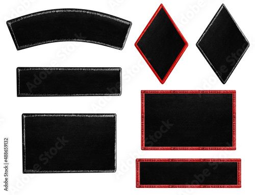 Isolated photo of blank biker cloth patches in different shapes on white background. photo