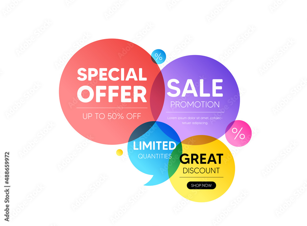 Discount banner shapes. Special offer badge. Sale bubbles coupon icon. Discounts banner, sale promotion and Limited quantities. Shop now bubbles. Banner with offer badge. Vector Discount banner shapes. Special offer badge. Sale bubbles coupon icon. Discounts banner, sale promotion and Limited quantities. Shop now bubbles. Banner with offer badge. Vector