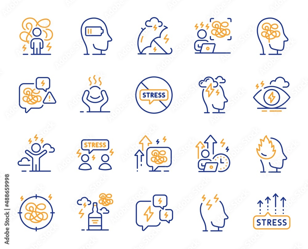 Stress line icons. Mental health, depression and confusion thoughts. Frustrated man, negative mood, panic fear outline icons. Stress pressure and psychology mental problems. Bad depression. Vector