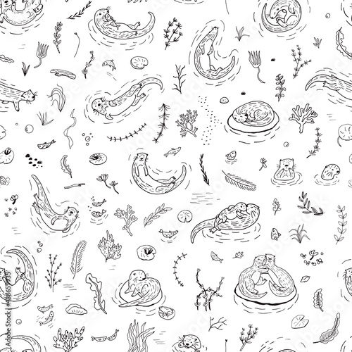 Otter water animal vector line seamless pattern