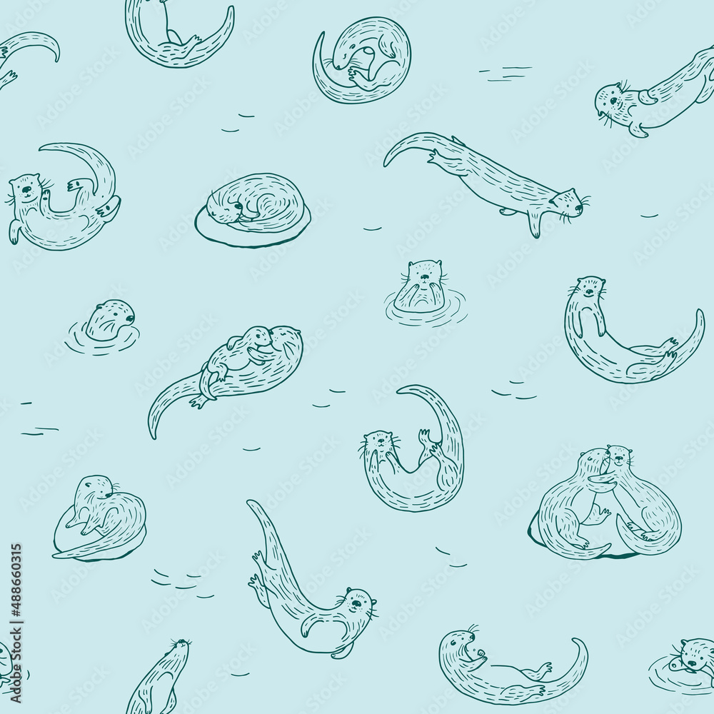 Otter water animal vector line seamless pattern