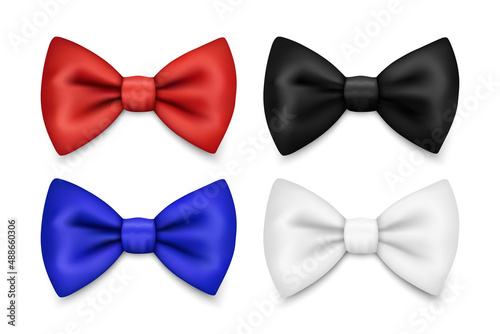 Vector 3d Realistic Red, Blue, White, Black Bow Tie Icon Set Closeup Isolated. Silk Glossy Bowtie, Tie Gentleman. Mockup, Design Template. Bow tie for Man. Mens Fashion, Fathers Day Holiday