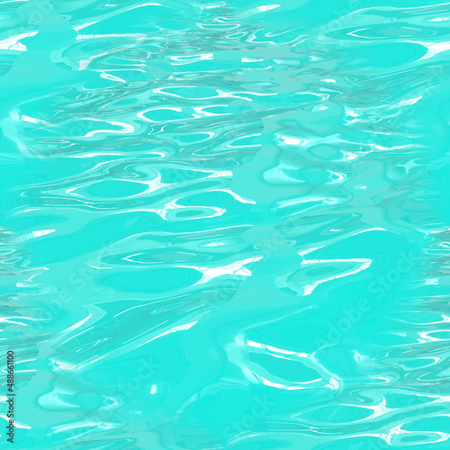 Turquoise liquid with white highlights. Turquoise seamless background. The wavy surface of the water in perspective. 