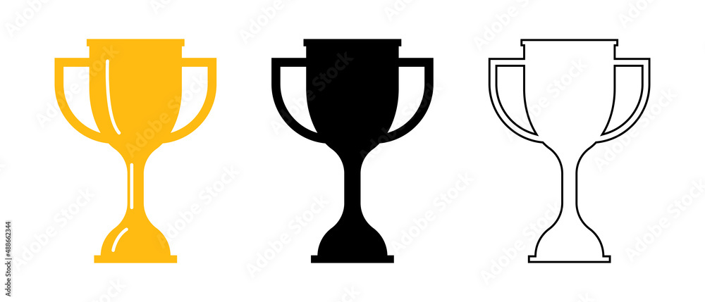 Set of silhouette cups in flat and linear style, cup icons for winners isolated on white background. Vector illustration