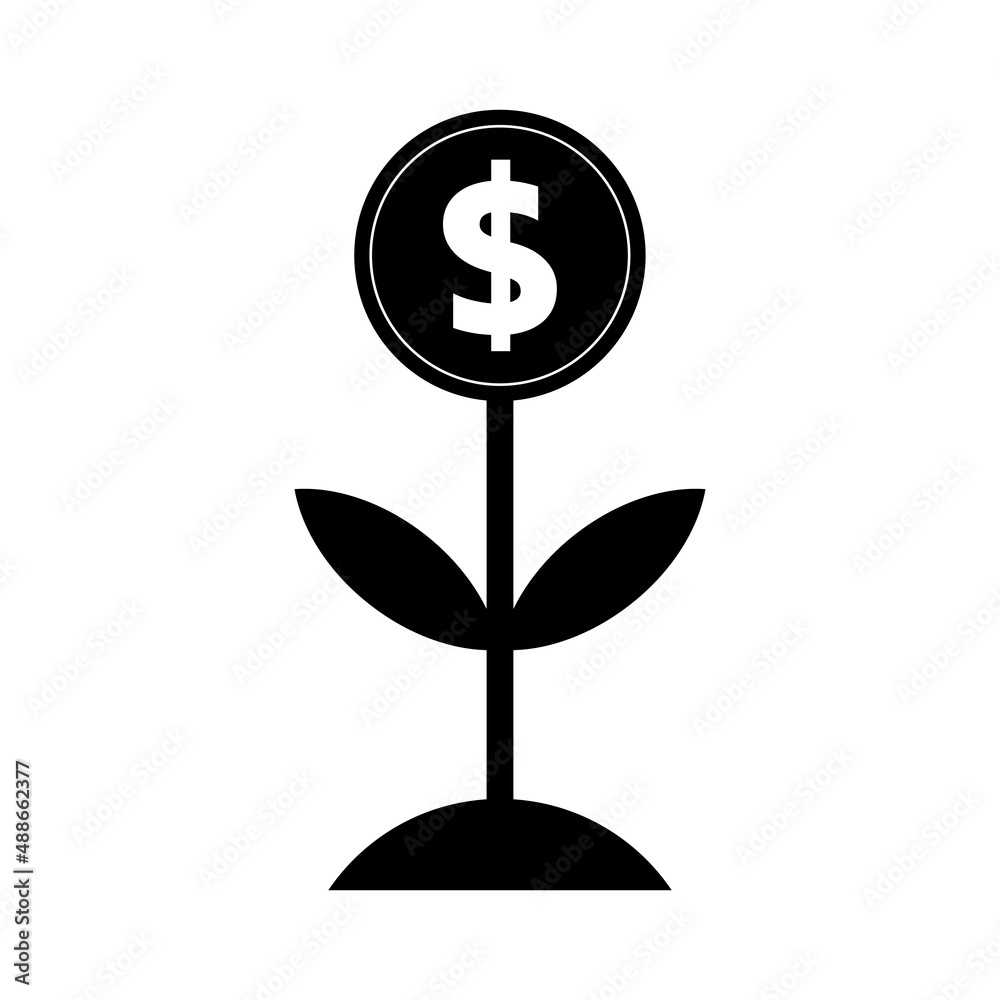 Plant in the form of a symbol of a growing flower with a dollar coin, Illustration on the theme of finance, money, business, fruits of labor. Isolated on white background. Vector graphics Plant in the form of a symbol of a growing flower with a dollar coin, Illustration on the theme of finance, money, business, fruits of labor. Isolated on white background. Vector graphics
