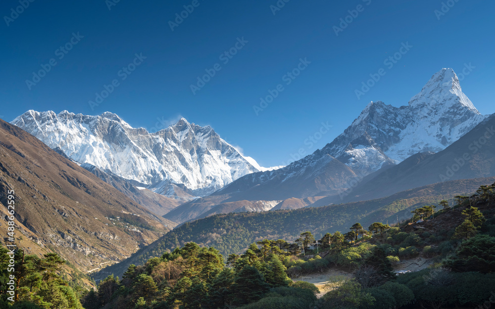 View to peak Ama-Dalam and Lhotse in valley Khumbu in Nepal