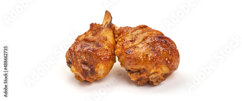 Roasted chicken legs bbq, isolated on white background.