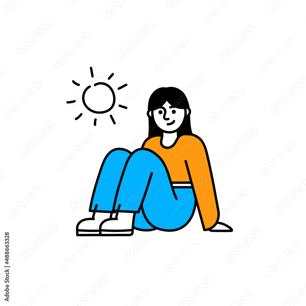 Girl sitting on the floor flat vector illustration. Black hair woman in a yellow shirt and blue jeans relaxing web illustration. 