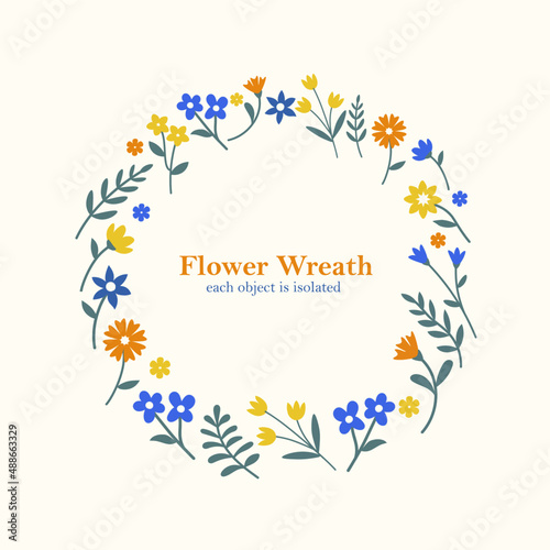 Flower wreath frame. Colorful vector botanical elements. Happy Easter. Template for the spring holiday card. Isolated flowers on white background.