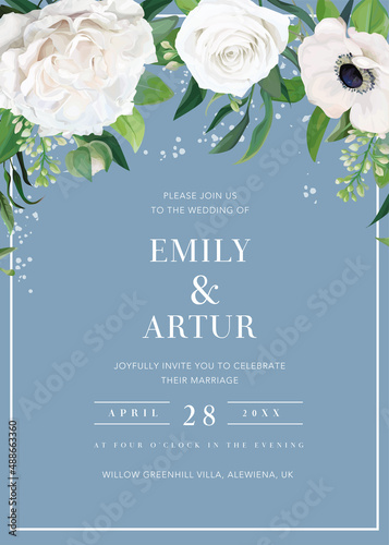 Glacier lake blue tender wedding invite card, save the date, party poster template design. Editable floral watercolor bouquet with neutral white rose, anemone flowers, spring lilac, tiny green leaves