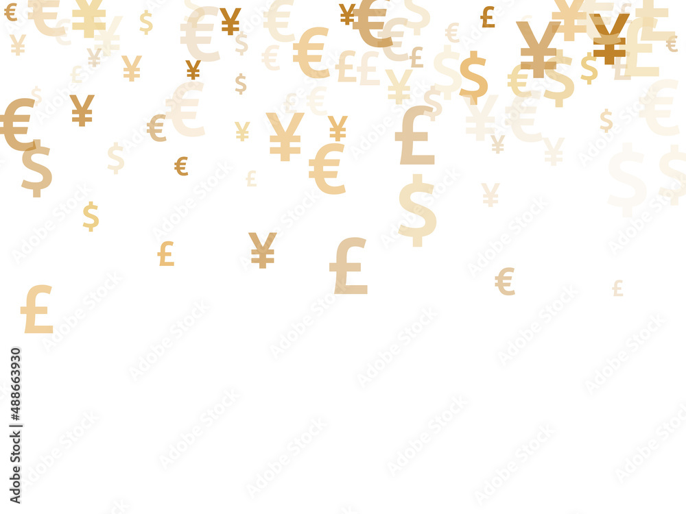 Euro dollar pound yen gold symbols flying currency vector background. Finance backdrop. Currency