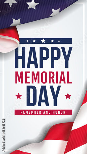Memorial Day background. Banner on top of American flag. Vertical vector illustration.