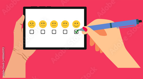 woman chooses positive evaluation on tablet.
Customer service assessment and technology customer support concept.