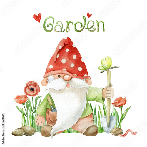 Watercolor hand-drawn illustration. The character is a garden gnome with a shovel, flowers, herbs, insects. . Spring greeting card.