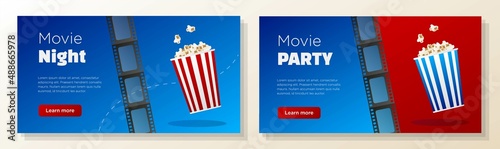 Movie night online banner template set, film theater party corporate advertisement, horizontal ad, popcorn bucket, film strip campaign webpage, flyer, creative brochure, isolated on background