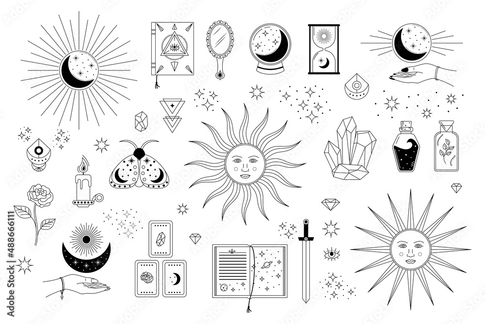 Vector Set Of Esoterical And Solar Elements And Symbols Line Art