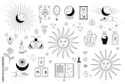 Vector set of esoterical and solar elements and symbols. Line art magical objects and celestian icons