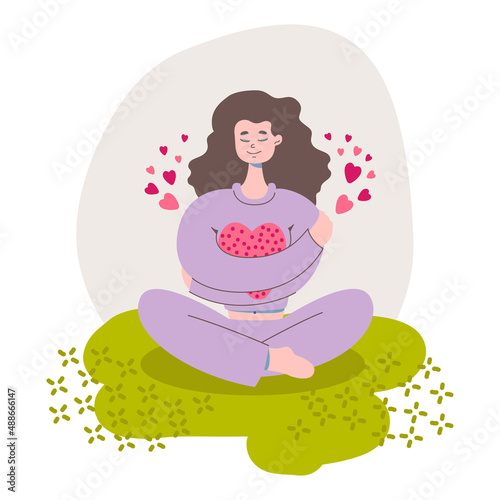Smiling woman hugging herself. Love yourself, self care, body care, self acceptance, body positive concept. Hand drawn vector flat cartoon style illustration.