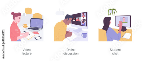 Distance learning virtual communication isolated cartoon vector illustrations set.