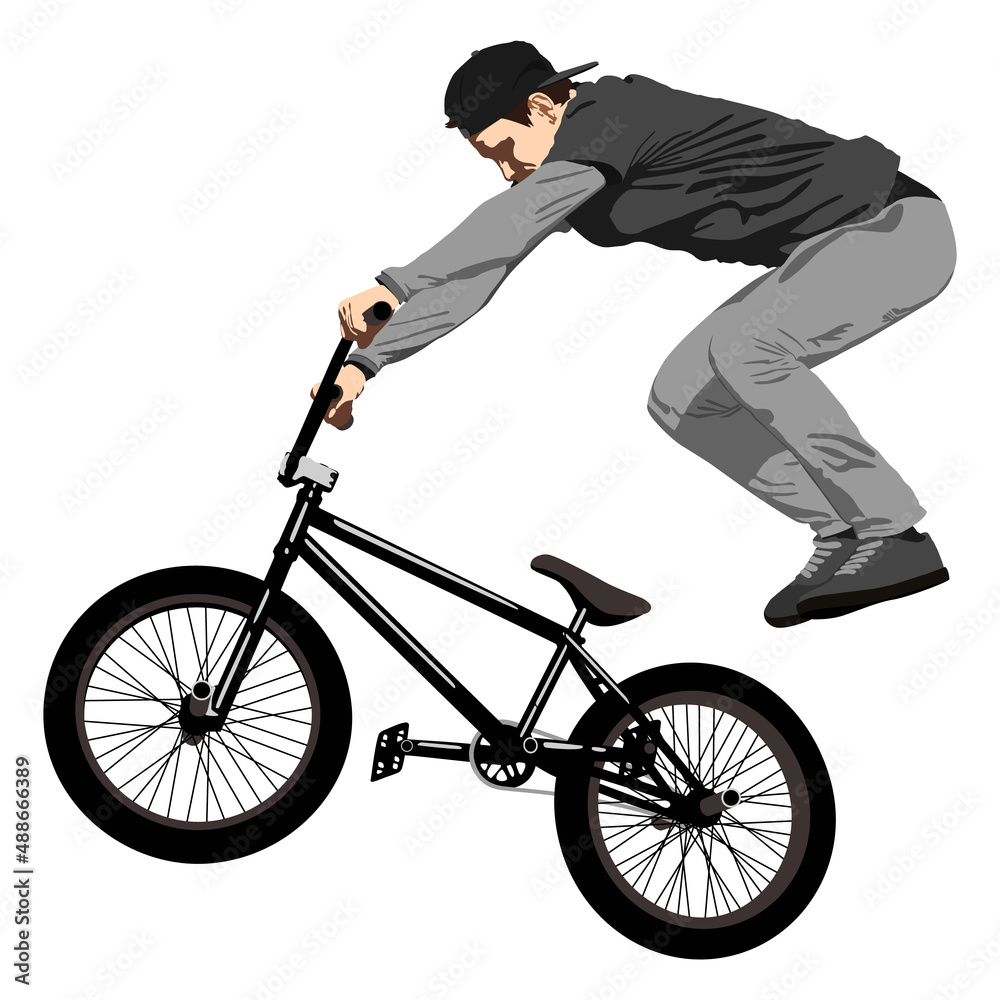 Illustration Silhouette Of A Cyclist On An Isolated Background A Cyclist In A Black Cap Black T Shirt With Gray Sleeves In Gray Pants Doing Tricks On A Bike Stock イラスト Adobe