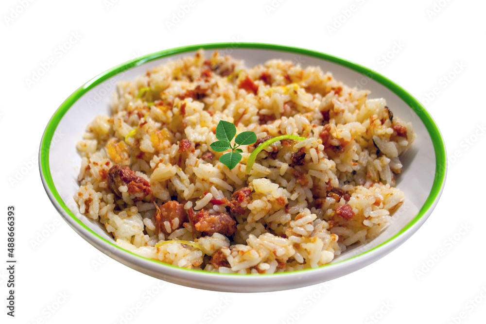 Plate of risotto food with lean pork on curry spice. White plate with food in isolated white setting. Risotto with herb. Plate of risotto food with lean pork on curry spice. White plate with food in isolated white setting. Risotto with herb.
