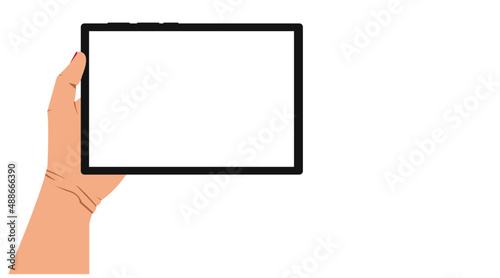 woman holding tablet computer in her hand.
White isolated screen for text.
Mockup concept.