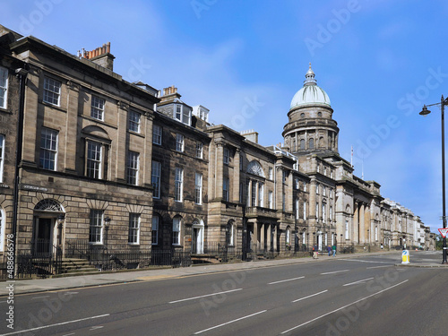 Edinburgh, Scotland, streetscape in the New Town, row of old stone townhouses along Charlotte Square