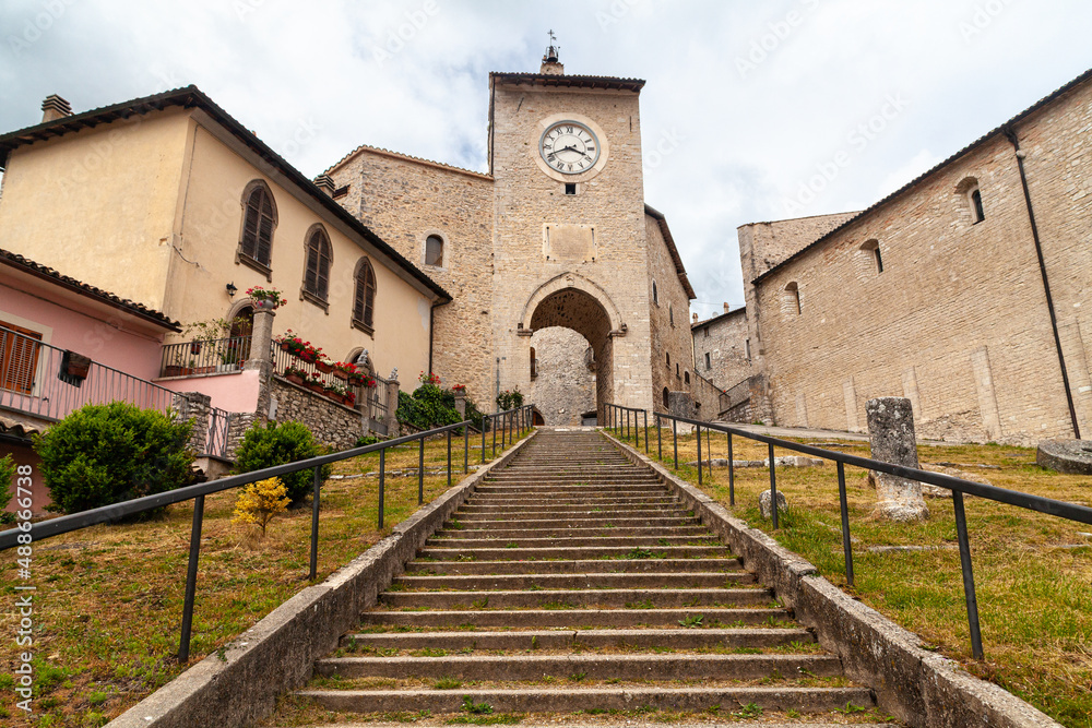 The tower with the clock at the top of the steps in Monteleone di Spoleto, Umbria