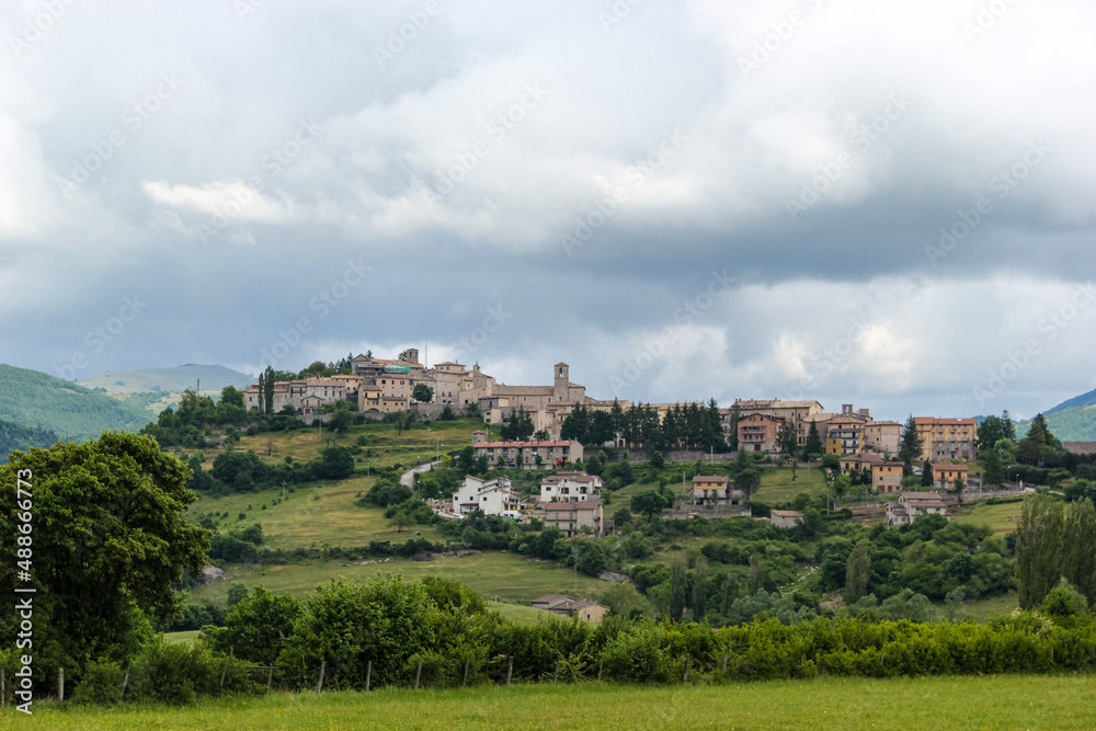 The skyline of the small medieval town Monteleone di Spoleto, Umbria