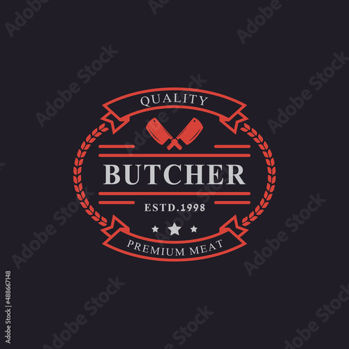 Vintage Retro Badge for Butcher Shop with Crossed Cleavers Logo Design Template Element
