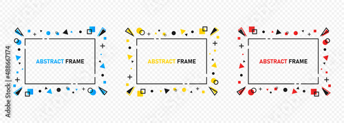 Geometric abstract frames set in blue, yellow and red colors. Modern banner with copy space on transparent background. Vector illustration EPS 10