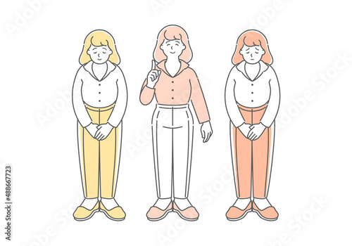 お辞儀している女性と上を指している女性のイラストセット