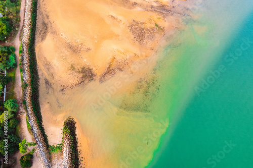 Aerial view of sandbank and footpath, Arachon basin, Gironde, Nouvelle-Aquitaine, France
