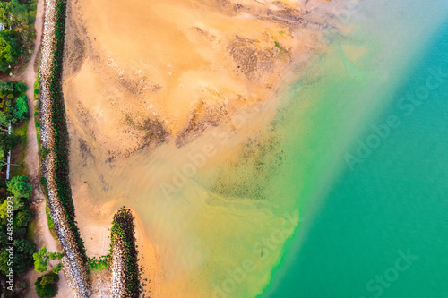 Aerial view of sandbank and footpath, Arachon basin, Gironde, Nouvelle-Aquitaine, France photo