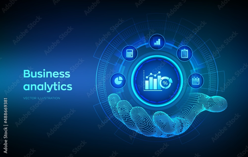 Business data analytics icon in robotic hand. Robotic process automation concept on virtual screen. Profit and revenue of company, BI or KPI concept. Vector illustration. Business data analytics icon in robotic hand. Robotic process automation concept on virtual screen. Profit and revenue of company, BI or KPI concept. Vector illustration.
