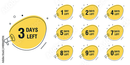 Countdown 1, 2, 3, 4, 5, 6, 7, 8, 9, 0 days left label or emblem set with geometric shapes on white background. Day left counter icon with clock for sale promotion, promo offer. Vector