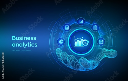 Business data analytics icon in robotic hand. Robotic process automation concept on virtual screen. Profit and revenue of company, BI or KPI concept. Vector illustration.